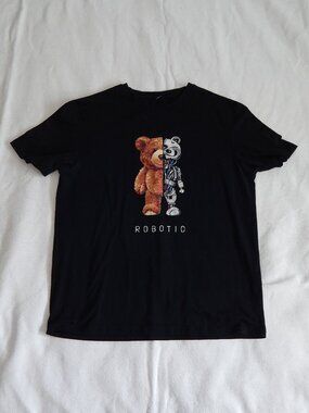 Manfinity Robotic Teddy Graphic T-Shirt - Kids Size M Black Bear Robot